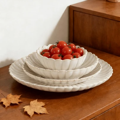 5英寸菊花浅碗，重现经典日式菊花美学，碗口呈自然外扩的花瓣状，碗沿至碗底饰有层叠浮雕线条，光泽柔和的乳白色哑光釉面，搭配精致的仿古金边，适合盛放沙拉、意面、布丁和慕斯。