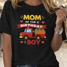 Camiseta de algodón para mujer con estampado de camión de bomberos "Madre del Cumpleañero", ideal para uso diario, regalos de cumpleaños, regalos de Navidad, regalos de Halloween o como camiseta conmemorativa para amigos o seres queridos. También es adecuada como suéter. Entrega rápida. - Negro - Ver 1