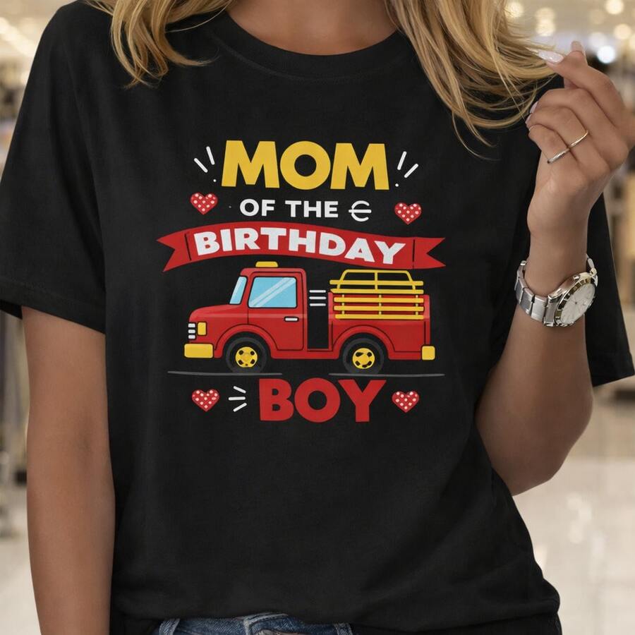 Camiseta de algodón para mujer con estampado de camión de bomberos "Madre del Cumpleañero", ideal para uso diario, regalos de cumpleaños, regalos de Navidad, regalos de Halloween o como camiseta conmemorativa para amigos o seres queridos. También es adecuada como suéter. Entrega rápida. - Negro - Ver 1