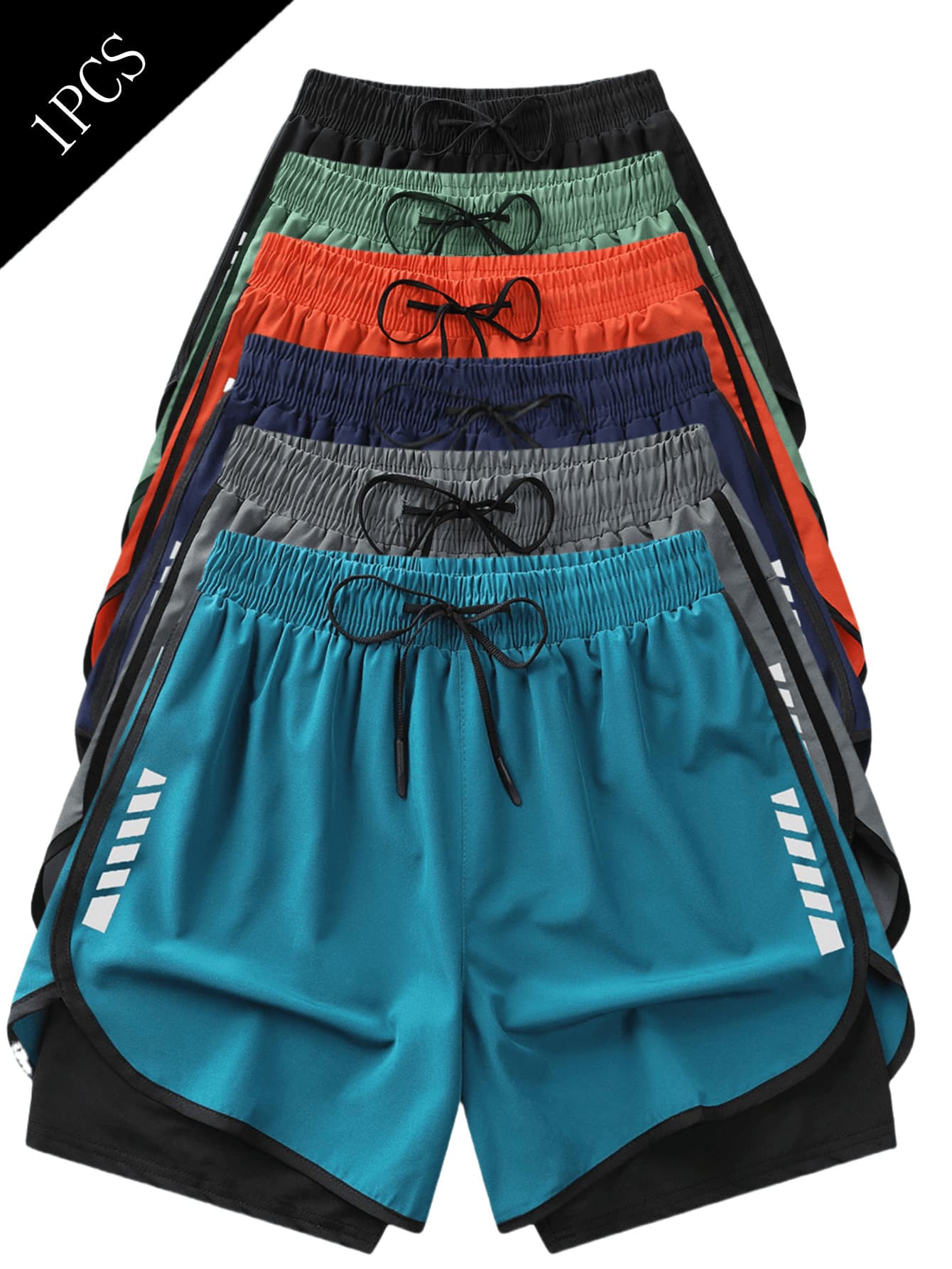 Shorts esportivos femininos (2 em 1), confeccionados em tecido misto de poliéster e fibra elástica, respiráveis e leves, com cintura ajustável por cordão, estampa geométrica, ideais para exercícios e uso diário, laváveis à máquina, confortáveis para diversas estações, perfeitos para esportes e ocasiões casuais. Shorts com design funcional e ajuste perfeito. - Azul Real - Ver 1