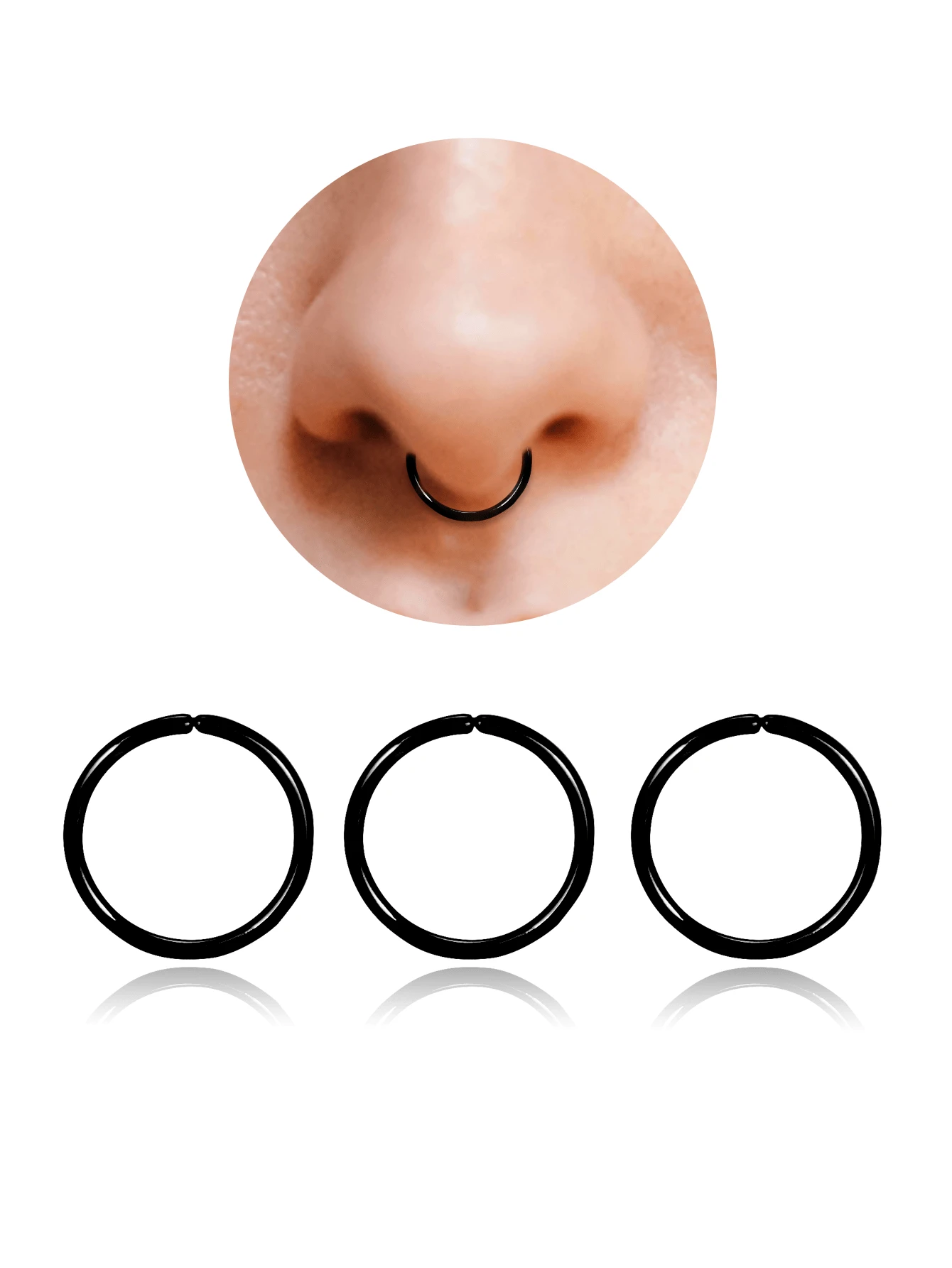 3pcs Black Open Nose Ring Set, Stainless Steel Nose Hoop & Septum Clicker Unisex - Black - View 1
