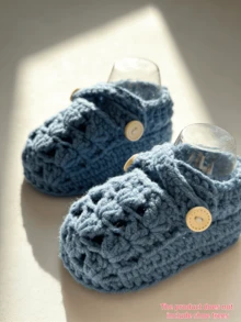 1 Pair Handmade Infant Booties, Crocheted Light Purple Shoes With Buckle Details, Suitable For Infant Sizes - Dusty Blue - View 9