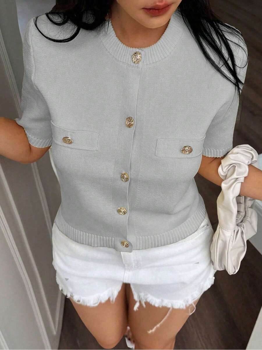 DEEKA New Spring/Summer Fashion Minimalist Versatile Short Sleeve Knit Top