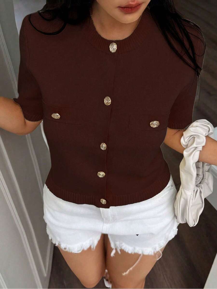 DEEKA Summer New Arrival Women Fashion Minimalist Versatile Short Sleeve Knit Top Spring
