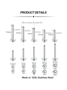 CIZME 20-54颗16G/18G不锈钢耳骨钉，唇/鼻/耳穿孔饰品替换球，4-12毫米，男女通用耳骨钉 - 銀色 - 查看 4