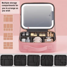 1 Piece - Portable And Stylish Makeup Bag, Cherry Blossom Pink/High-End Black, Built-In LED Rechargeable Mirror, 3 Adjustable Mirror Brightness Levels (Long Press To Adjust), 1200mAh Battery Capacity, USB 5V Power Supply, Portable Large-Capacity Cosmetic Storage Box With Adjustable Dividers, Makeup Brush Storage Bag, Suitable For Home, Travel And Hotel Use, A Perfect Holiday Surprise Gift For Girls. - 粉色 - 查看 5