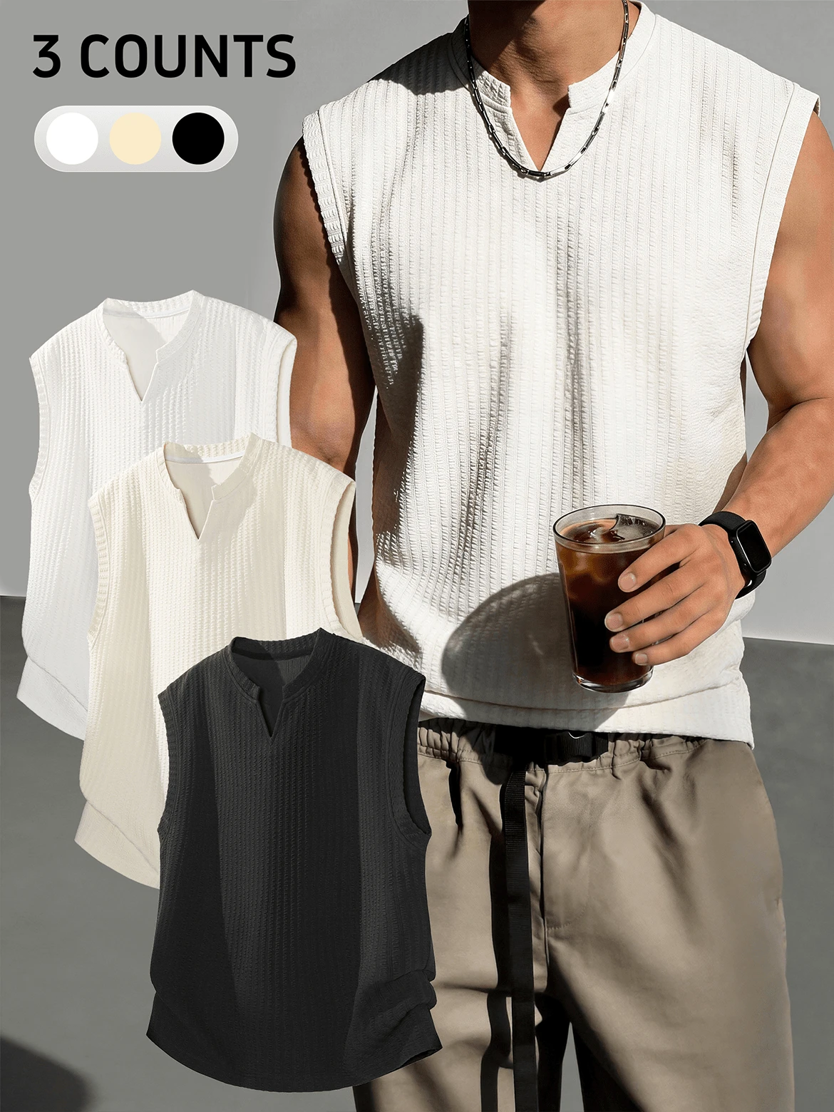 Bộ 3 áo tank top nam cổ chữ V không tay, áo tank top xếp ly có họa tiết, chống nhăn, dễ bảo quản, đơn giản và đa năng, thích hợp để mặc nhiều lớp vào mùa hè, mặc hàng ngày và đi làm. - Nhiều màu - Xem 1