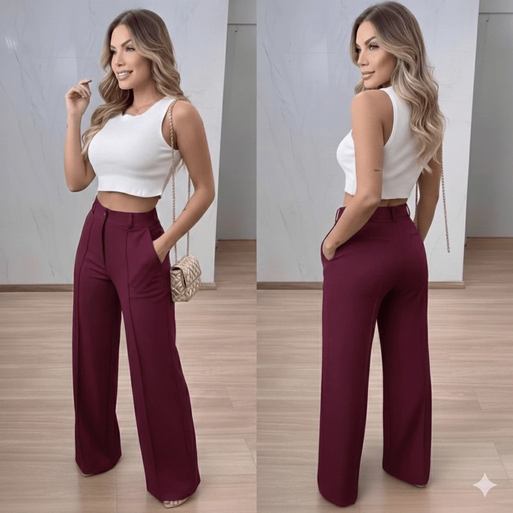 Wide-Leg Trousers In Duna Fabric With Elastic Waistband, Satin Finish, Zipper, And Pockets. Office Style. - Màu Đỏ Sâu - Xem 1