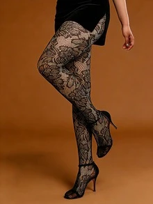 1双性感树叶图案黑色透明网袜，完美适合新娘婚礼季 - 彩色 - 查看 4