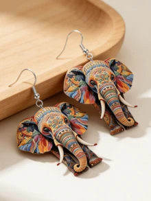 Pendientes con colgante de elefante colorido retro 2D, estilo bohemio, elegante y de moda, adecuado para uso diario y fiestas, un regalo exquisito para el ocio y las vacaciones - elefante - Ver 2