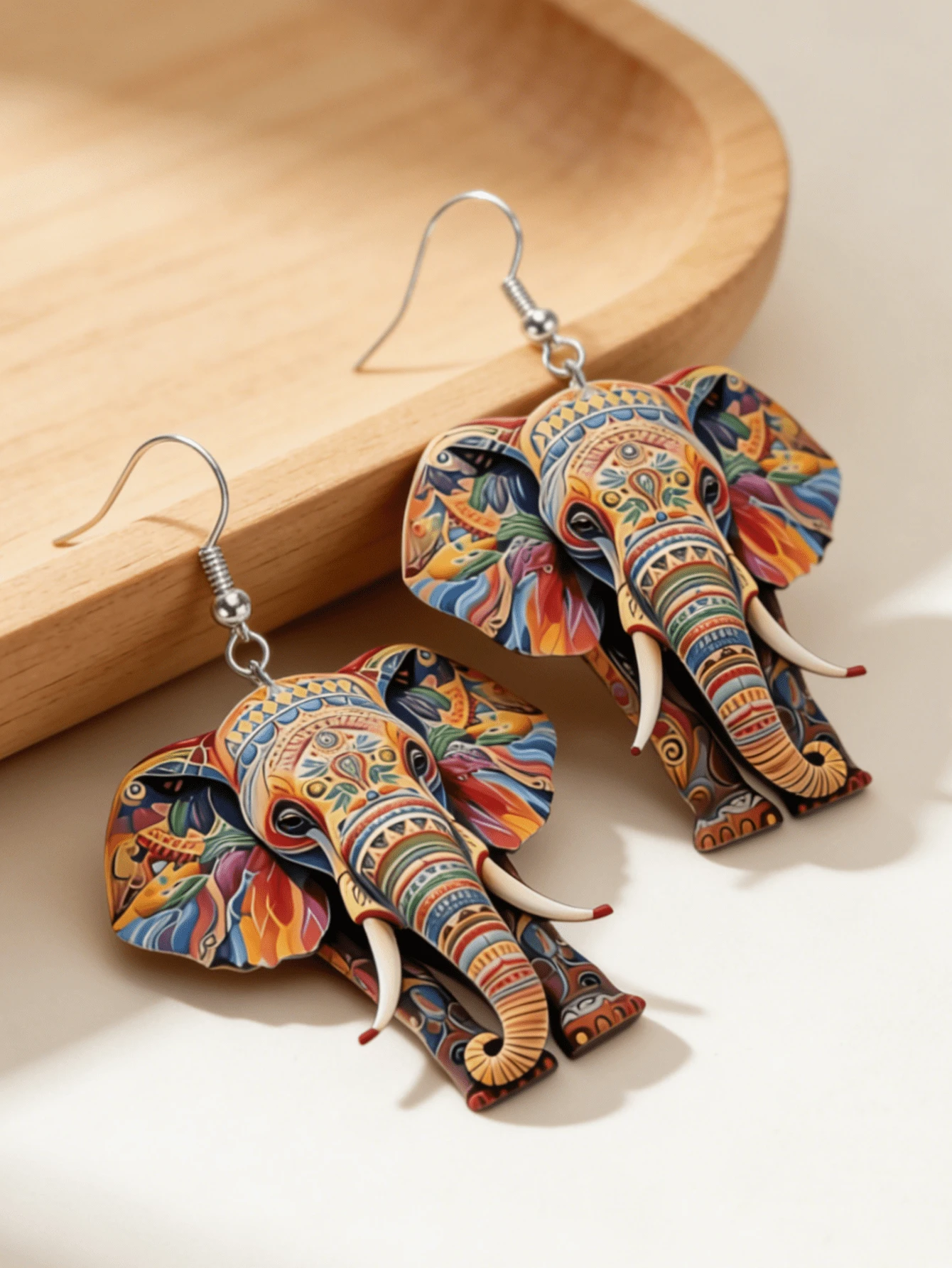 2D复古彩色大象吊坠耳环，波西米亚风格，时尚优雅，适合日常佩戴和派对场合，休闲度假的精美礼物 - 大象 - 查看 1