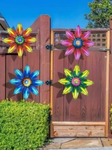 1 pieza/4 piezas Flores de metal de colores, decoración universal para jardín, decoración para patio, decoración para valla, decoración para pared, decoración para porche, colgante para exteriores, suministros ideales para jardinería - A - Ver 2