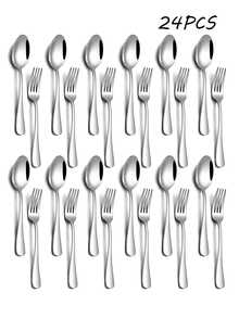2/8/12/24件套不锈钢餐具套装，适用于日常生活、酒店、餐厅，亦可作为圣诞礼物。 - 銀色 - 查看 1