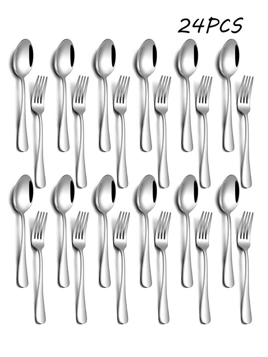 2/8/12/24件套不锈钢餐具套装，适用于日常生活、酒店、餐厅，亦可作为圣诞礼物。 - 銀色 - 查看 1