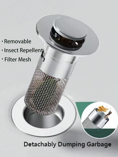 1个毛发收集过滤器，弹出式浴室水槽排水器，不锈钢水槽过滤器带毛发收集器，镀层，适用于排水孔直径3.4-4.0厘米，请检查您的排水孔尺寸！