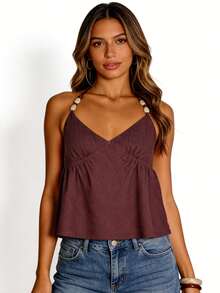 Women's Halter Neck Tops Sleeveless Open Back Bead Detail Flowy Cami Tops Summer Shirts - Dark Brown - View 2