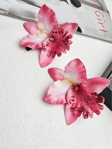 2pcs/Set Tie Dye Pink Gradient Rhododendron Flower Beach Vacation Chinese Style Gradient Flower Hair Clips, Suitable For Daily, Travel, Party Outfits - Multicolor - View 3