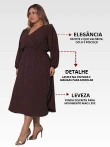 Women's Long Sleeve V-Neck Wrap Dress, Casual Midi Style With Discreet Slit, Plus Size, Comfortable - 鏽棕色 - 查看 2