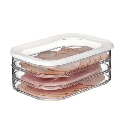 Conjunto de 3 recipientes empilháveis para armazenamento de alimentos na geladeira, com tampas, ideais para carnes curadas, bacon e frios. Esses recipientes empilháveis de 3 camadas com tampas são perfeitos para armazenar frios, salame, carnes cozidas e refeições prontas. Também podem ser usados para refrigeração e congelamento de alimentos.