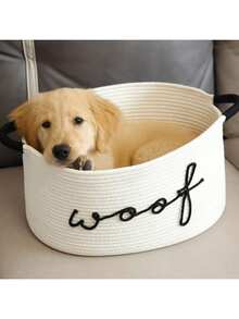 1pc Woven Rope Storage Basket With "WOOF" Embroidered Pattern - Pet Toy Organizer Basket, Can Store Chew Toys, Blankets And Leashes, Navy Blue Handles, Stackable Design, Personalized Pet Storage Basket For Cats And Dogs, Pet Gift - Multicolor - View 5
