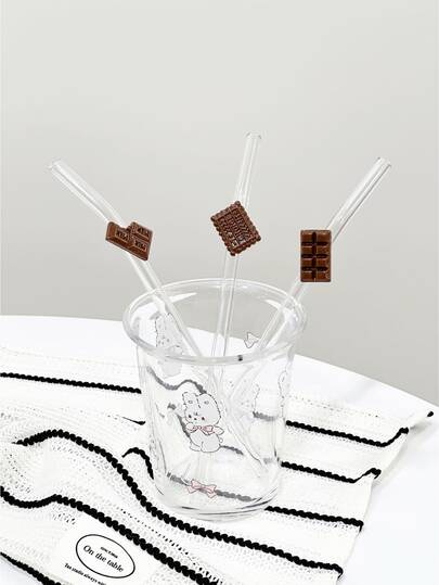 Creative Chocolate-Shaped Reusable Glass Straws, Transparent Smoothie, Bubble Tea, Juice, Milk, Cocktail, Cold Drink Party Straws, Chocolate Series Bent Glass Straws, Suitable For Milkshake, Milk, Tea, Juice, Cocktail, Cold Drink, Gifts For Girlfriend, Dessert Shop, Soft Drink Bar, Office, Bar, Restaurant