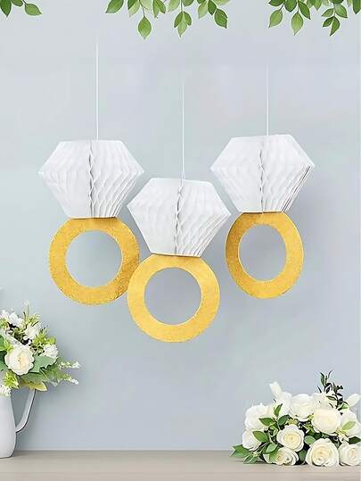 2件套婚礼悬挂装饰品，婚礼派对水钻戒指蜂窝球，蜂窝钻石戒指悬挂婚礼装饰 - 新娘送礼会用品，钻石戒指悬挂蜂窝纸花，适用于婚礼派对装饰、家居装饰、季节性节日悬挂装饰