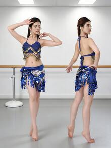 Women's Belly Dance Set Sequined Tassel Bra + Waist Chain Latin Dance Performance Practice Clothing Set - Multicolor - View 8