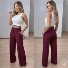 Wide-Leg Trousers In Duna Fabric With Elastic Waistband, Satin Finish, Zipper, And Pockets. Office Style. - Màu Đỏ Sâu - Xem 4