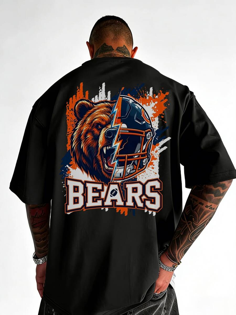 美国橄榄球队标语印花男士时尚圆领短袖T恤 - 黑色 - 查看 1