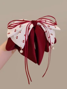 Cute Cherry Bow Ribbon Hair Claw Clip, Hair Claw Bun Hairstyle Accessory - Red and White - View 3