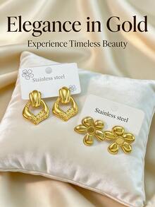 坚固耐用的不锈钢耳环，金色几何造型不锈钢饰品，女士耳环，垂体耳环，镀金铰链圆形耳环，竹节纹理，水钻切割，六边形，方形，圆形，心形，水滴形，蝴蝶形，叶子，花朵，不对称设计，坚固耐用的低过敏性耳环，适合敏感耳。 - 彩色 - 查看 2