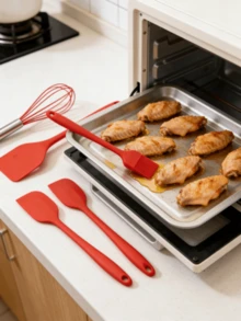 5件套红色硅胶厨房用具套装 | 不粘烹饪烘焙工具 | 包括锅铲、夹子、打蛋器、刷子 | 耐热 - 紅色 - 查看 3