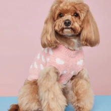 1件柔软舒适的蓝/红/粉色爱心印花羊毛背心，保暖宠物狗服装 - 藍色 - 查看 3