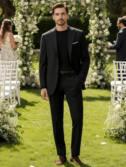 2pcs Men's Suit Set, Solid Color Shawl Neck Blazer And Classic Trousers, Suitable For Business Meetings, Graduation Ceremonies, Weddings And Parties