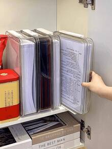 1 pieza Caja de archivo transparente tamaño A4 con asa, caja de almacenamiento de plástico PET, portador de tarjeta de identificación, contenedor de almacenamiento apilable portátil para papeles, revistas, fotos y documentos, caja de almacenamiento transparente adecuada para el hogar, la oficina y la escuela - transparente - Ver 1