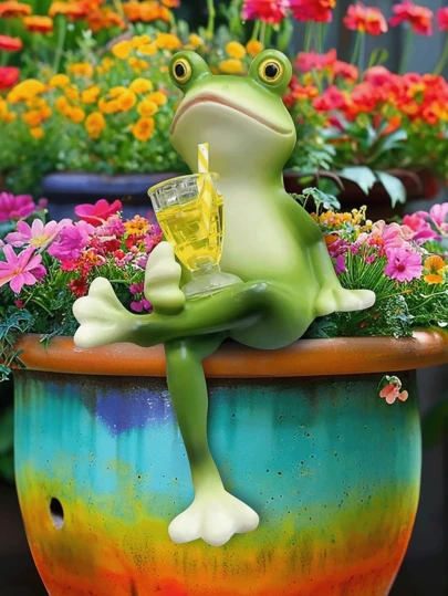 1 Juego de Escultura de Rana, Decoración de Jardín, Escultura de Rana Bebiendo Bebida/Jugo, Decoración de Maceta, Estatua de Rana de Jardín, Accesorio de Jardín de Hadas, Decoración de Balcón, Césped y Patio de Casa
