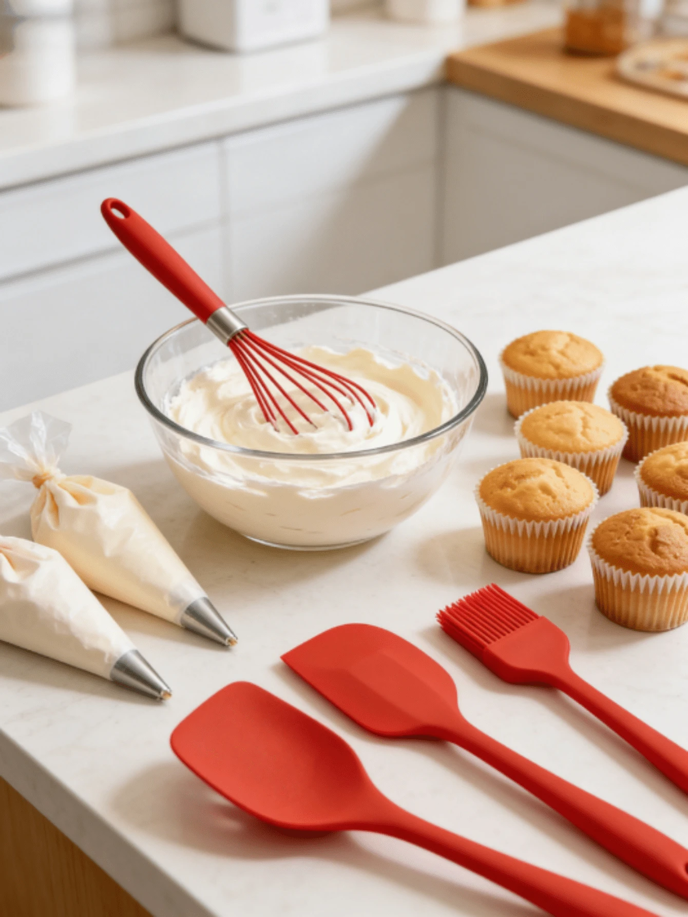 5件套红色硅胶厨房用具套装 | 不粘烹饪烘焙工具 | 包括锅铲、夹子、打蛋器、刷子 | 耐热