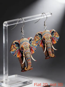 Pendientes con colgante de elefante colorido retro 2D, estilo bohemio, elegante y de moda, adecuado para uso diario y fiestas, un regalo exquisito para el ocio y las vacaciones - elefante - Ver 3