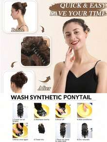 Synthetic Fiber Clip-On Bun Wig, Messy Updo, Realistic Wavy Curls, Loose Updo, Hair Extensions, 6 Inches, Suitable For Everyday Wear And Parties. - Multicolor - View 9