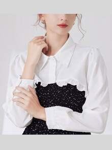 1pc Women Casual Solid White Button Ruffle Collar Long Sleeve Non-Stretch Shawl Collar Blouse, Suitable For Autumn/Winter Holiday And Daily Wear - White - View 2