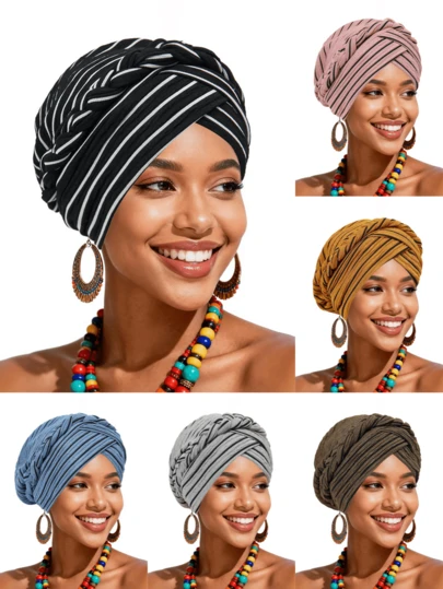 1pc New Fashion Striped Braided Turban Hat, Elastic Muslim Women Head Wrap, Versatile Daily Wear Headpiece