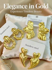 Sturdy Stainless Steel Earrings, Golden Geometric-Shaped Stainless Steel Jewelry, Ladies' Earrings, Pituitary Earrings, Gold-Plated Hinge Round Earrings, Bamboo, Texture, Rhinestone Cutting, Hexagon, Square, Circle, Heart Shape, Teardrop Shape, Butterfly Shape, Leaves, Flowers, Asymmetrical, Design - Multicolor - View 8