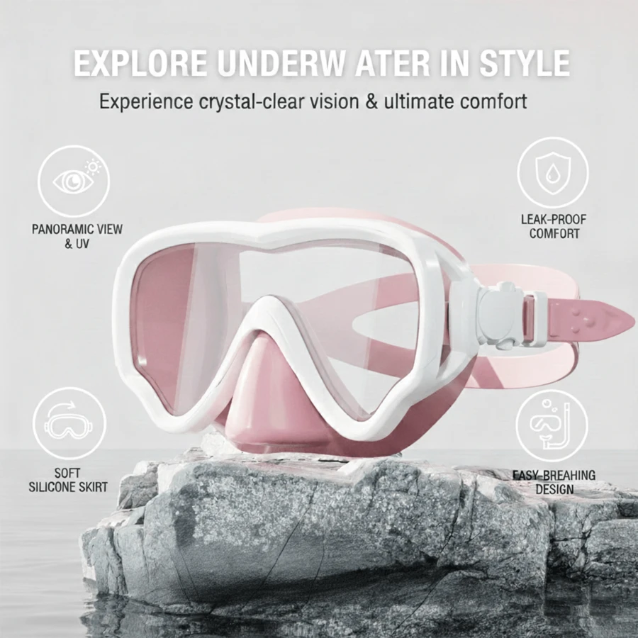 Máscara de buceo de marco grande para adultos, lente de vidrio templado impermeable y de alta definición, máscara de buceo de silicona líquida suave, equipo de natación y buceo para exteriores - Rosa - Ver 1