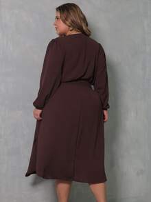 Women's Long Sleeve V-Neck Wrap Dress, Casual Midi Style With Discreet Slit, Plus Size, Comfortable - 鏽棕色 - 查看 3