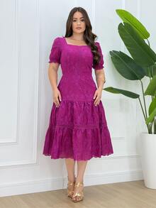 Midi Dress In Cotton Lace Knit With Square Neckline For Parties And Weddings - Rose Red - View 3