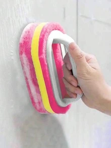 1pc Pink Upgrade Thickened Sponge Cleaning Brush With Handle For Wall & Tile Surface - Pink - View 12