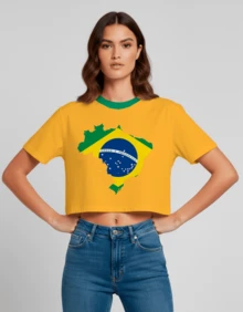 Cropped Feminina Estampa Ordem E Progresso 1 Casual Treino Academia Diversas Cores Hexa Copa - Amarela Gola Verde - Visão 6