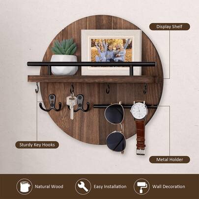 Soporte de pared para llaves, estante de 11,8 pulgadas con 6 ganchos, organizador de correo vintage, ganchos redondos de madera, adecuado para entrada, pasillo y cocina (marrón).