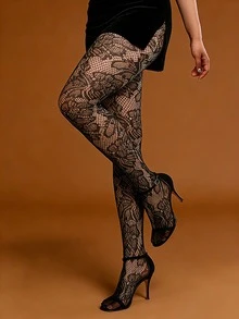 1双性感树叶图案黑色透明网袜，完美适合新娘婚礼季 - 彩色 - 查看 5