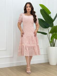 Midi Dress In Cotton Lace Knit With Square Neckline For Parties And Weddings - 乾枯玫瑰色 - 查看 1